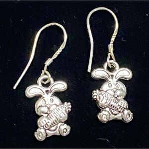 Sterling Silver Stamped 925 Cute Bunny Rabbit With Carrot Dangle Earrings